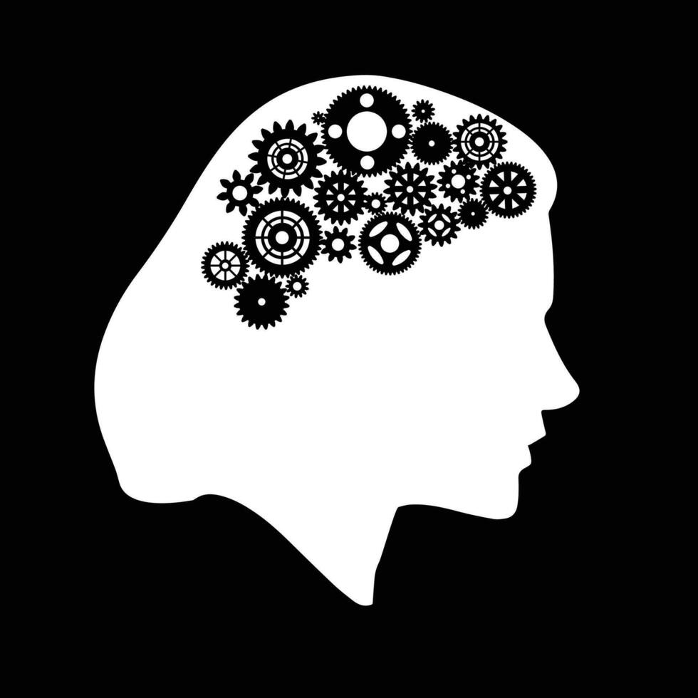 A visual of the inside of a woman's brain. A woman with gears inside head illustration. art illustration icon symbols of human head silhouette with gears vector