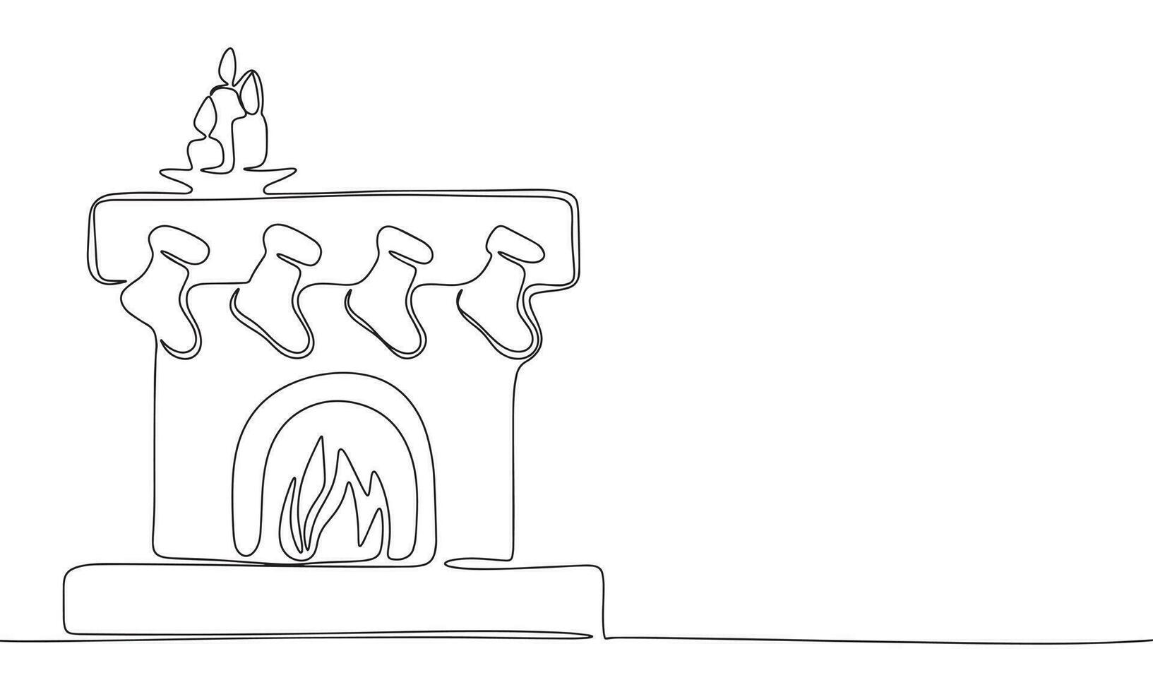 Christmas fireplace continuous line drawing art. Abstract simple Christmas banner. One line continuous outline isolated vector illustration.