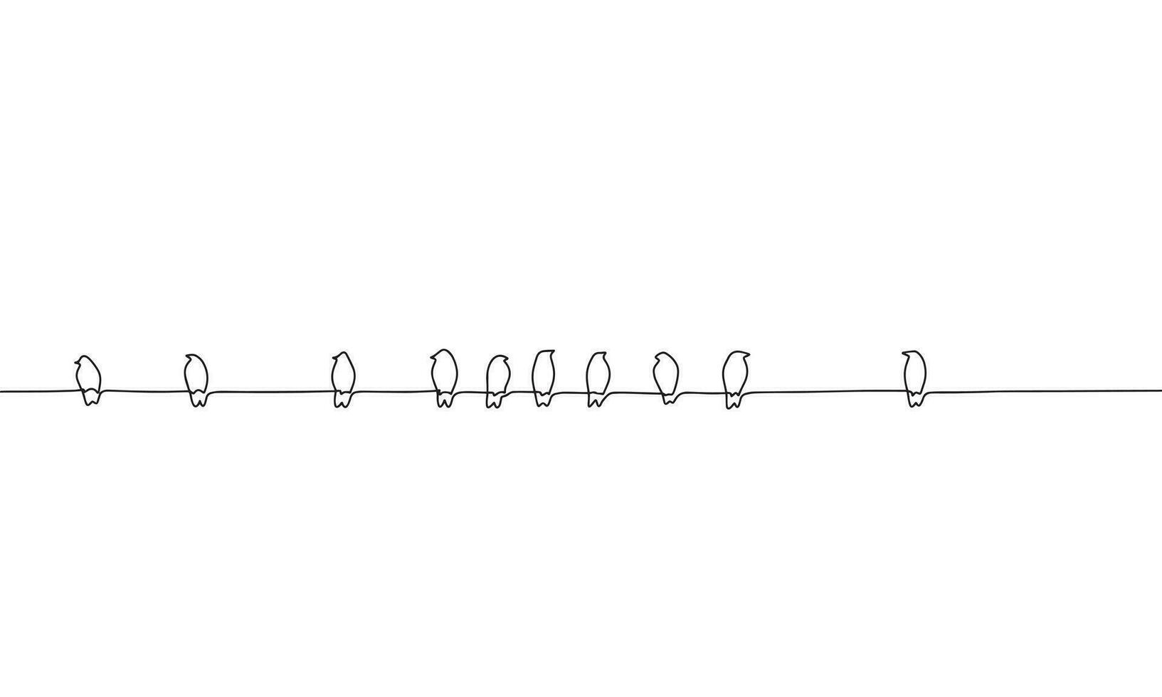 Continuous line drawing of many birds sitting in row. Vector illustration as line art outline wallpaper for minimal poster, template, banner