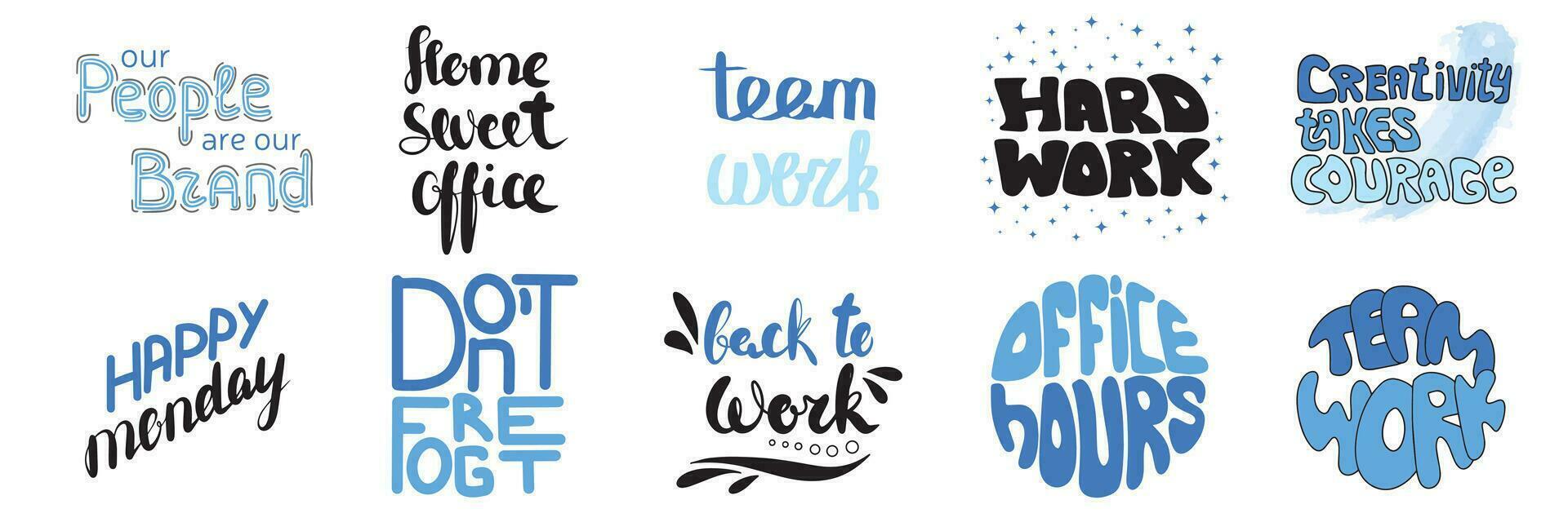 Collection of phrase office concept. Greeting birthday party lettering with celebration hand drawn elements, decorative invitation card vector set. Black and gold handwritten inscription