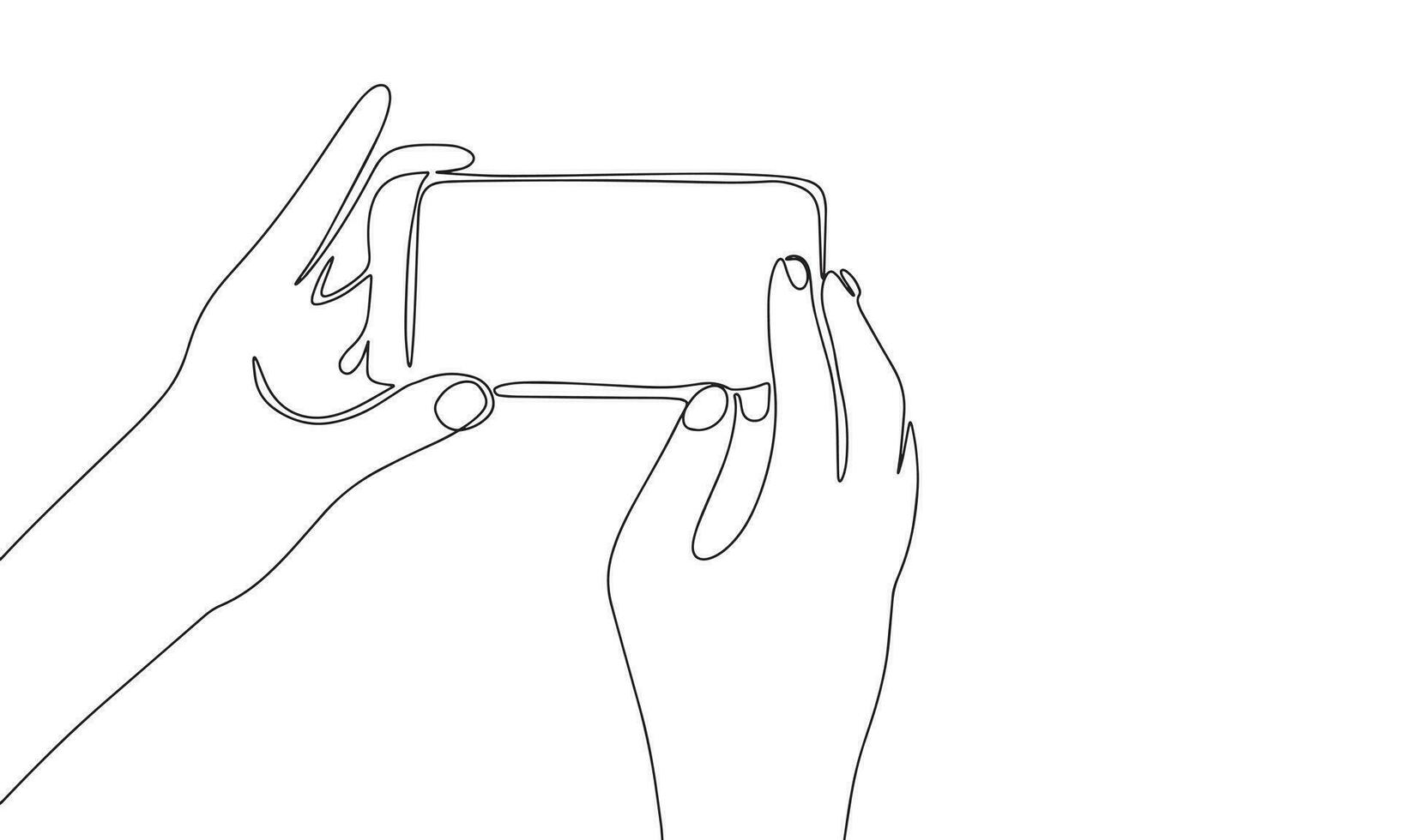 Abstract phone in hands in continuous line art drawing style. Minimalist black linear sketch isolated on white background. Vector illustration