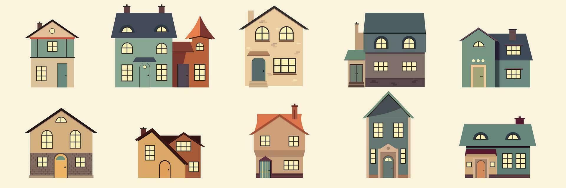 Houses exteriors set. Residential town buildings architecture. Traditional homes designs. Modern real estate structures with windows, doors. Flat vector illustrations isolated on white background