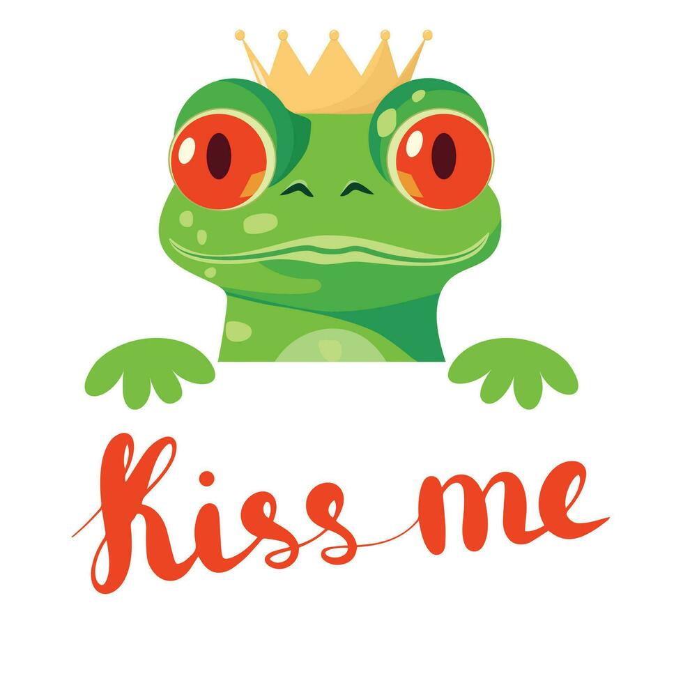 Illustration of the frog Princess with the inscription kiss me. Frog Prince says kiss me vector illustration. green frog with golden crown say kiss me