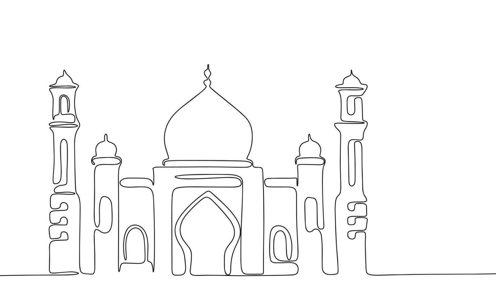 Mosque in continuous line art drawing style. Silhouette of mosque, Ramadan Kareem. Black linear sketch isolated on white background. Vector illustration
