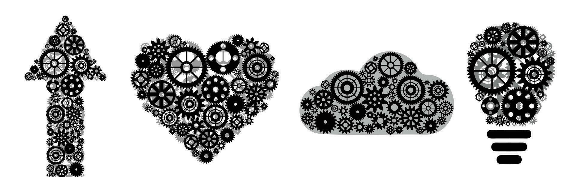 Heart silhouette on the wheel. Arrow from gears. Cloud and lamp on cog wheel. Vector illustration. Collection object from gears.