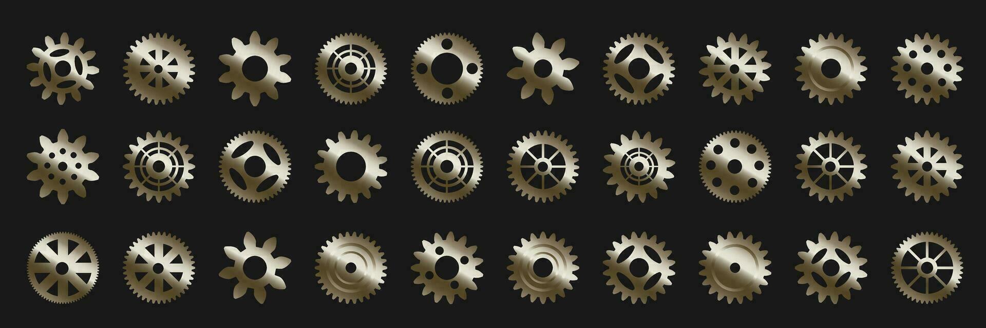 ruedas dentadas grande colocar. metal copos de nieve industrial componentes para mecanismos redondo engranaje con numeroso dientes y espaciadores agujero tracería y gráfico Ingenieria poderoso transmisiones vector círculo.