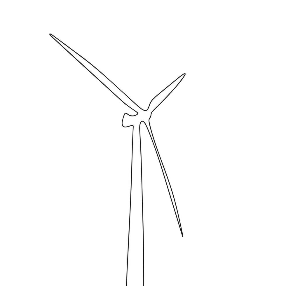 Wind energy in continuous line art drawing style. Turbines producing electricity. Renewable source of power. Black linear design isolated on white background vector