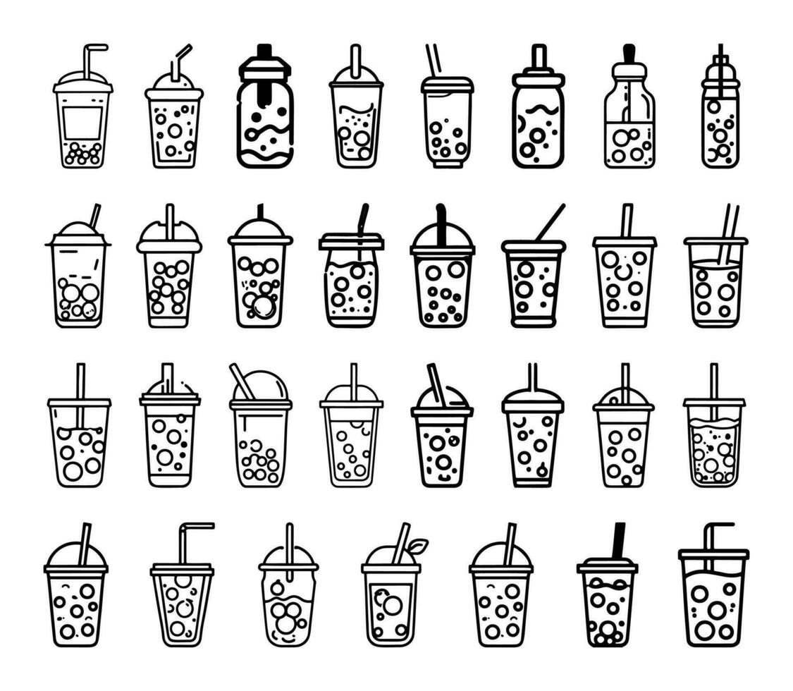 Boba or bubble milk tea drink icons. vector