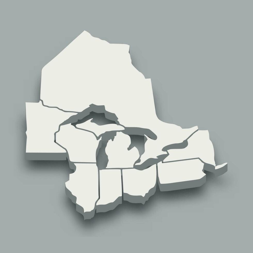 3d isometric map of Great Lakes region, isolated with shadow vector