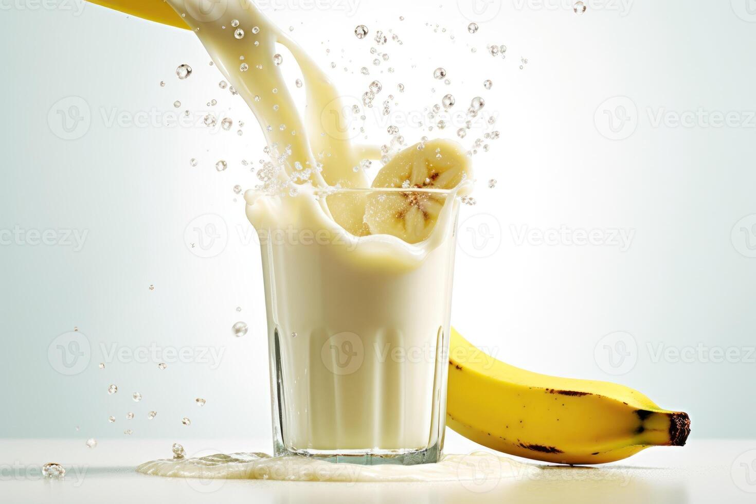 stock photo of glass of milk slice banana with milk splash food photography