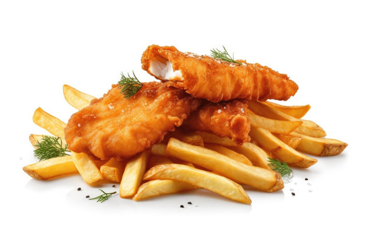 valores foto de pescado y papas fritas comida fotografía aislado blanco antecedentes ai generado