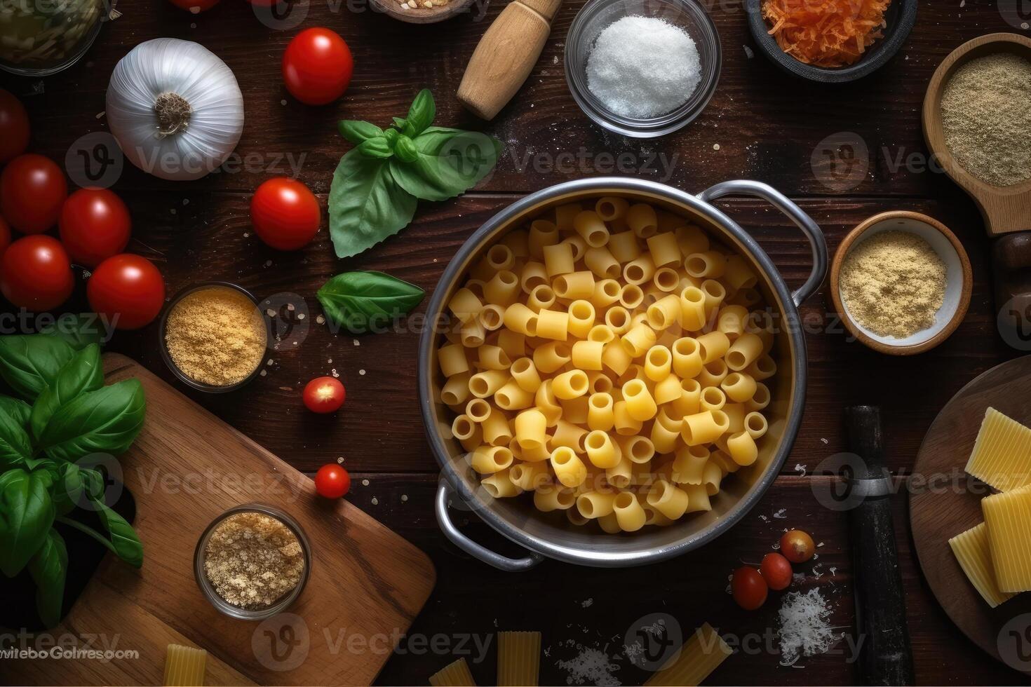 valores foto de macarrones en el cocina plano laico fotografía generativo ai