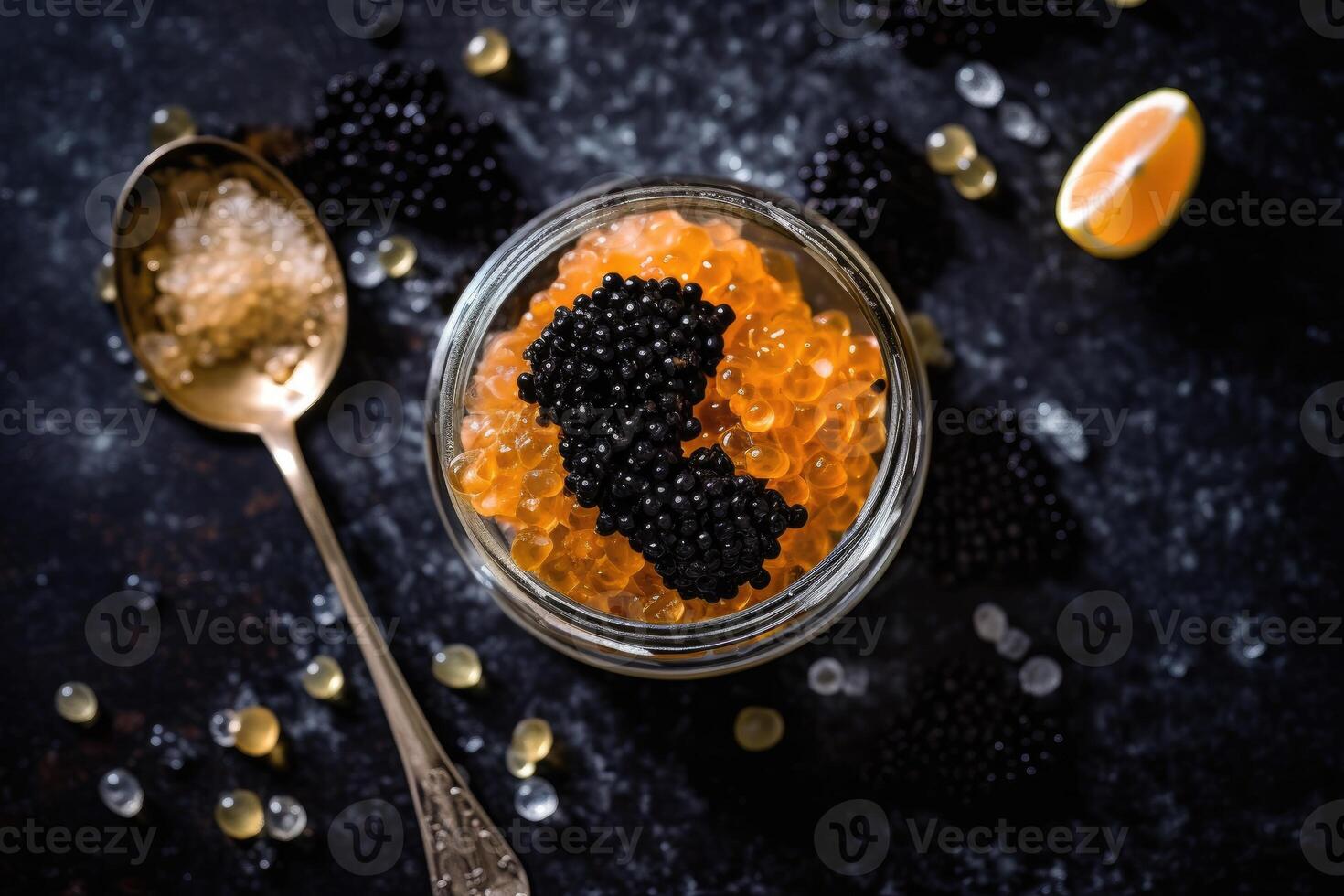 stock photo of caviar flat lay photography