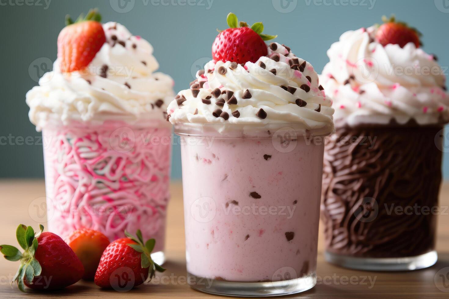 Tres batidos chocolate fresa profesional comida fotografía ai generado foto