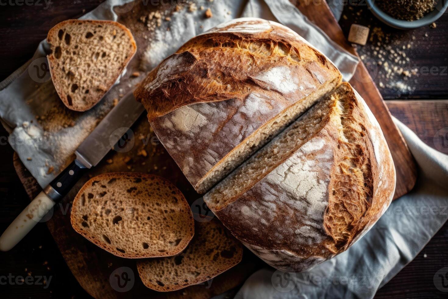 stock photo of whole grain bread in kitchen table flat lay