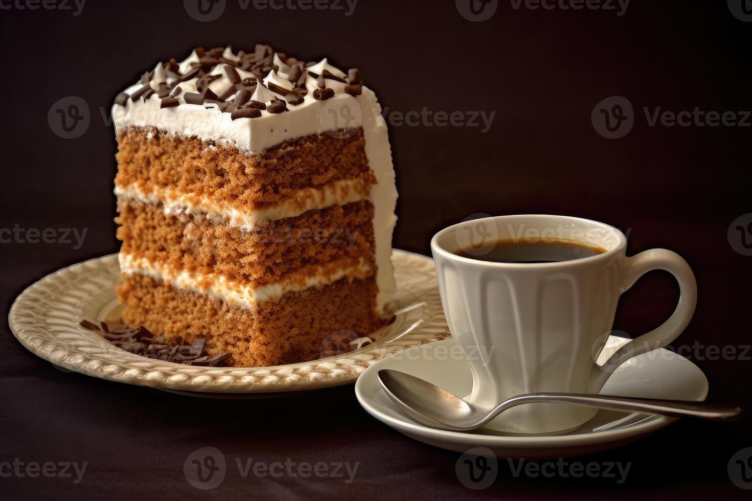 cup coffee with a slice cake Profesional advertising Food Photography AI Generated photo