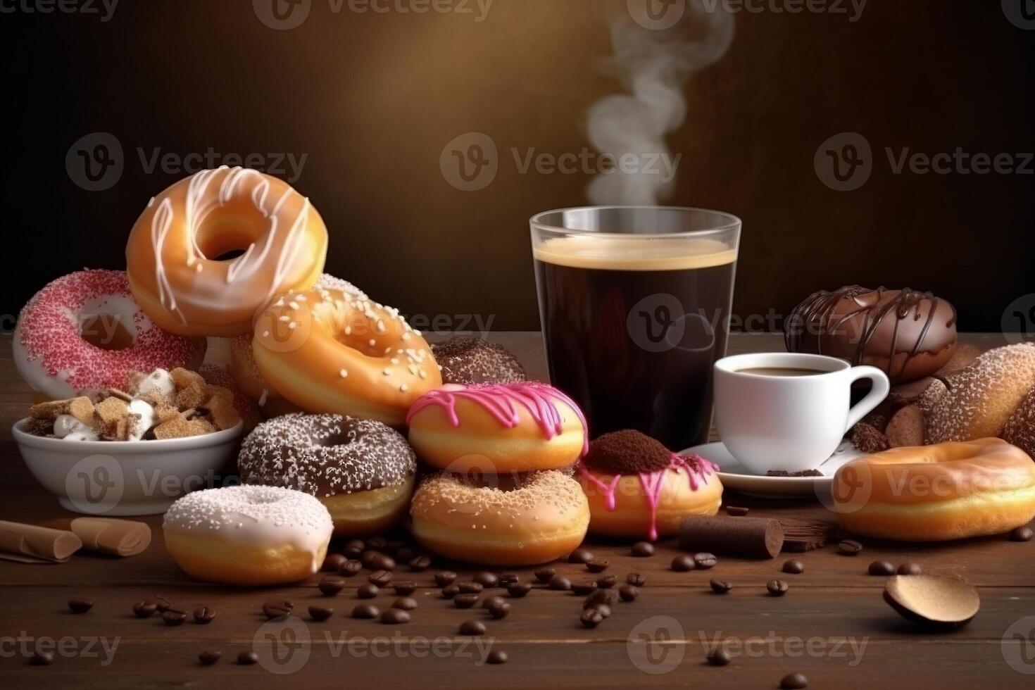 stock photo of a lot of mix doughnut more topping food photography