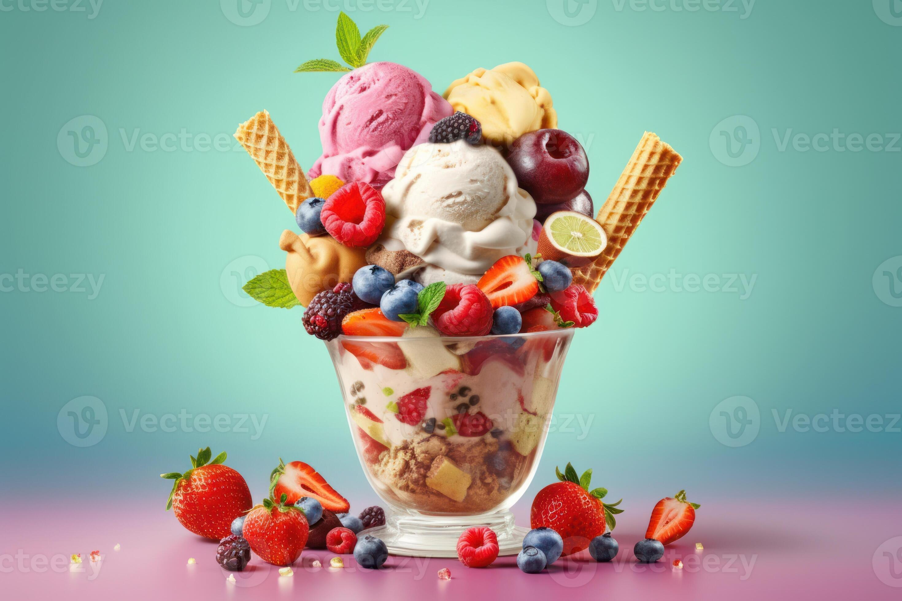 stock photo of ice cream collection with cup mix fruits topping food