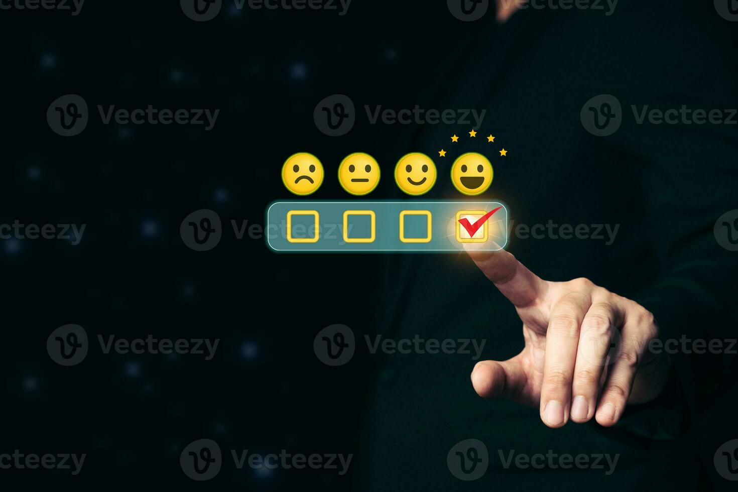Customer service. Best Business Rating Experience satisfaction survey concept. Businessman's hand chooses best satisfaction. photo