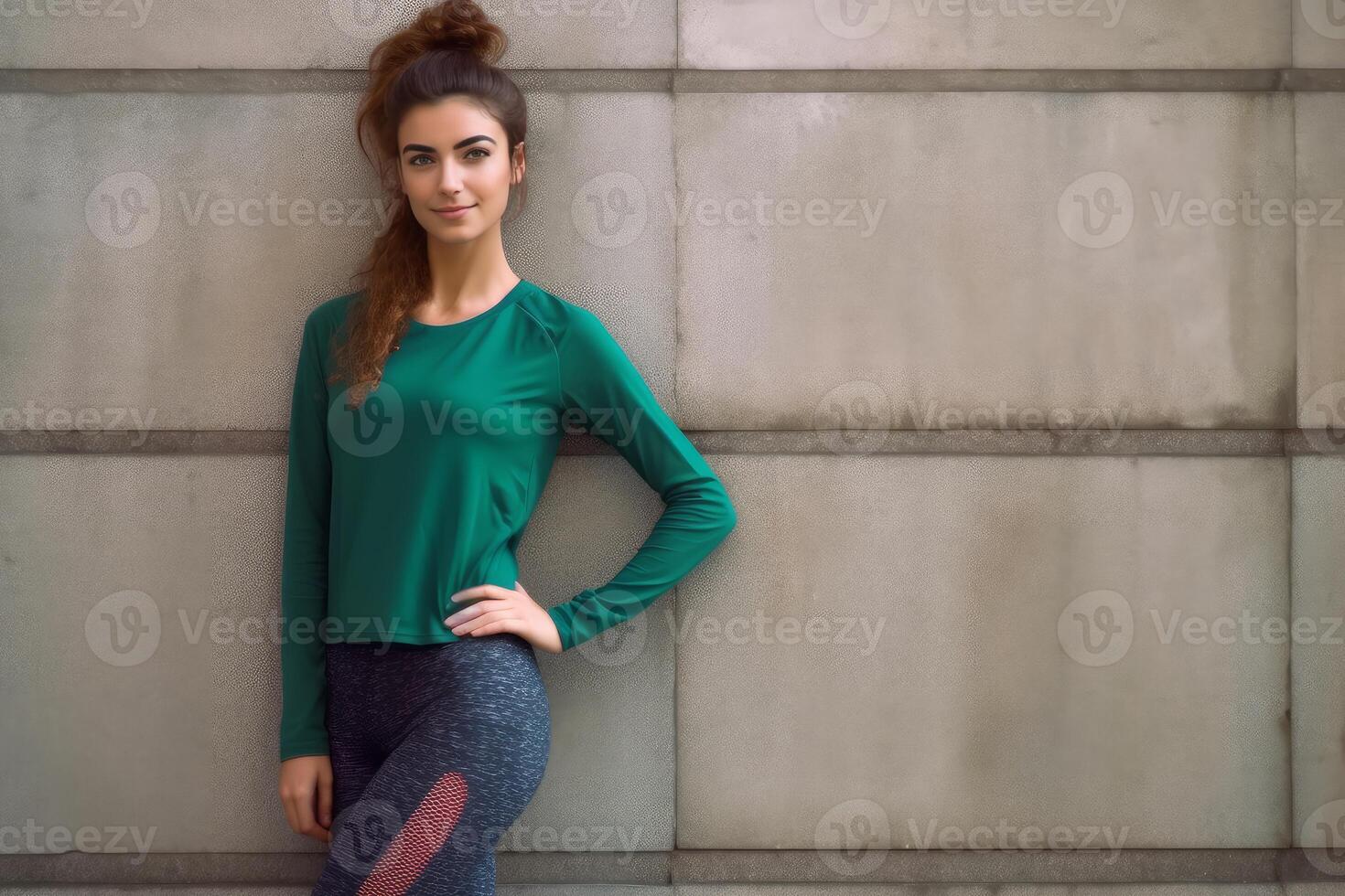 hermosa joven mujer con verde yoga atuendo en pie actitud en el pared ai generado foto