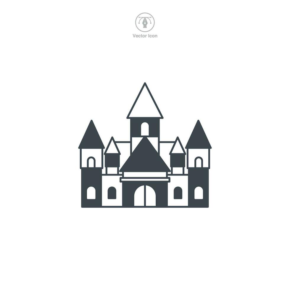 Castle icon vector displays a stylized medieval fortress, symbolizing history, royalty, fortification, heritage, and fairy-tale themes
