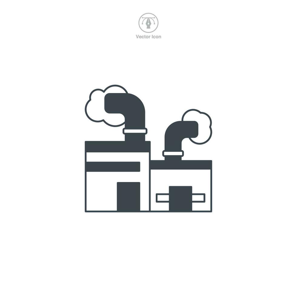 Factory icon vector is a stylized depiction of an industrial complex. It represents production, manufacturing, industry, or businesses