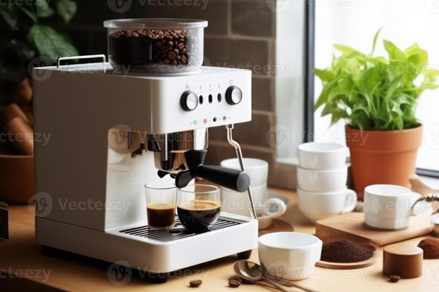 stock photo of make modern grind coffee maker in the kitchen table food photography