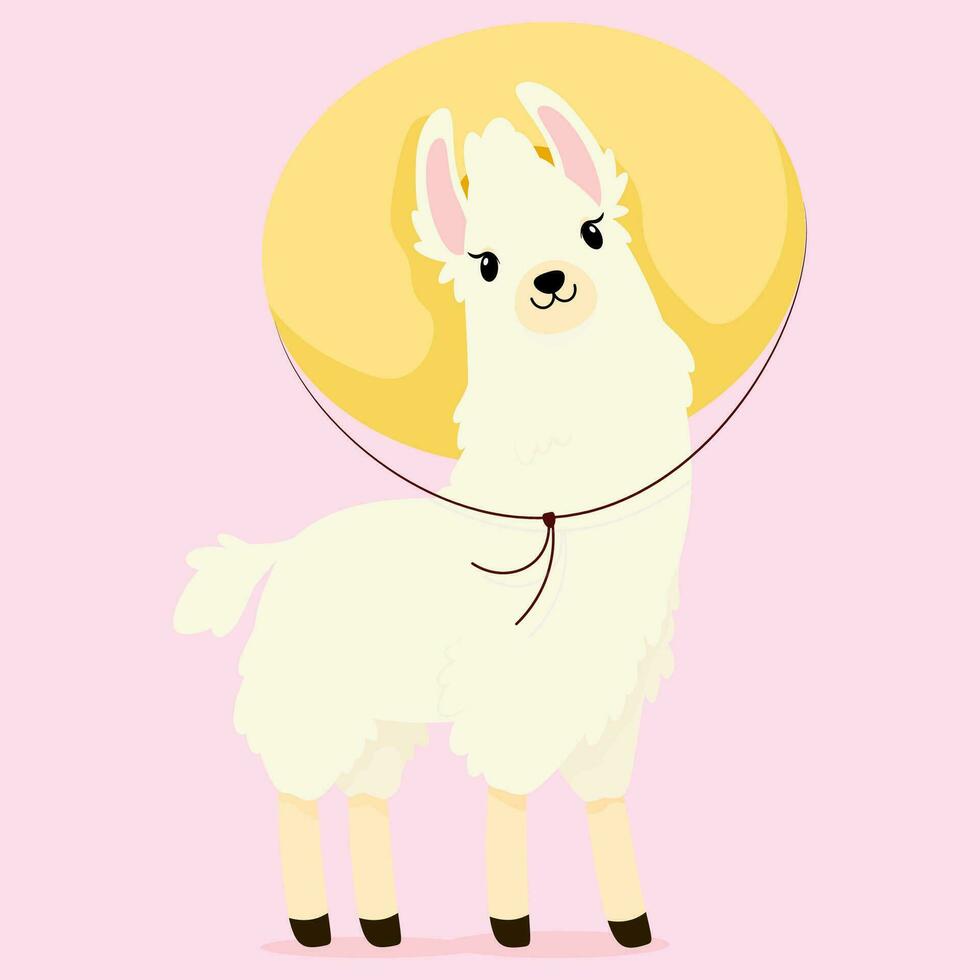 Cute white llama in a sombrero straw hat on a pink background vector