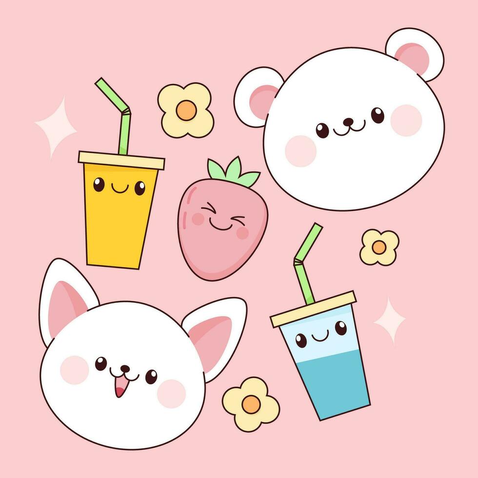 conjunto de kawaii elementos cabeza de gato, oso, bebidas y fresa vector