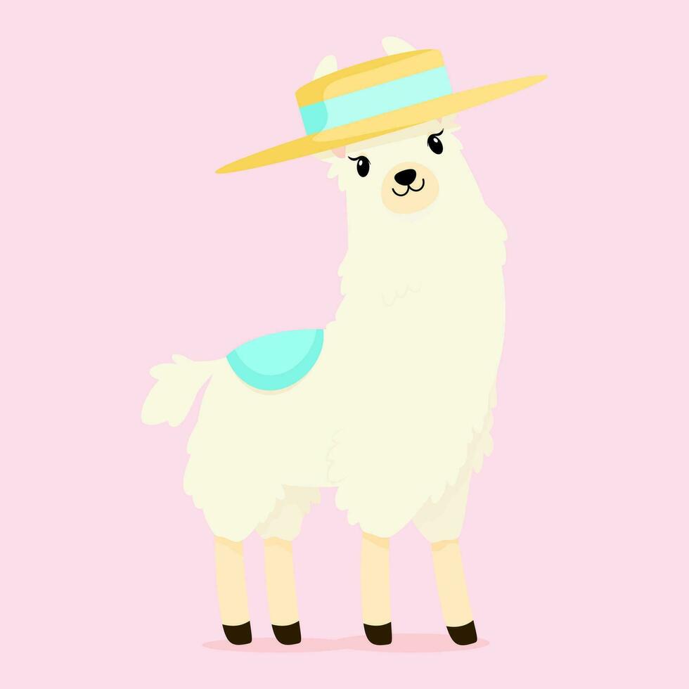 White fluffy llama in a hat vector