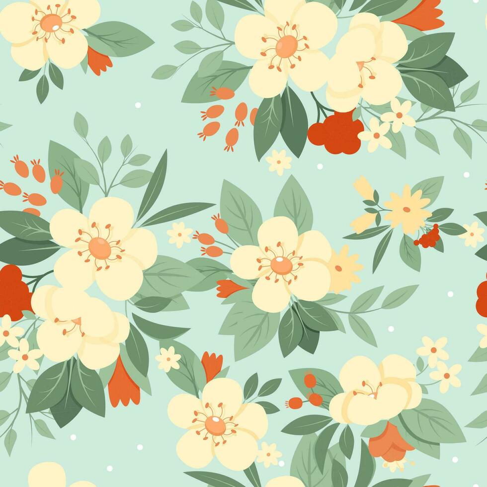 Vintage seamless pattern of delicate flowers and leaves on a blue background vector