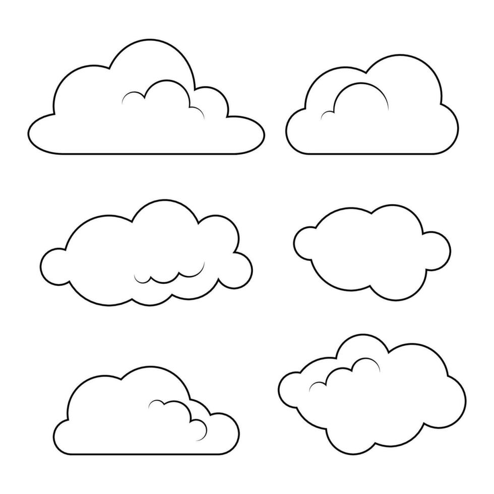 conjunto de diferente nubes en negro líneas para colorante página vector