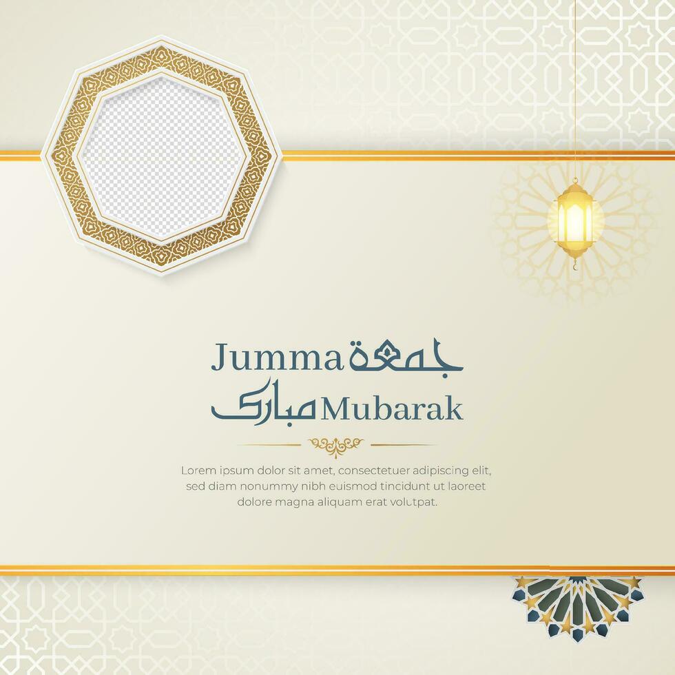 Jumma Mubarak Islamic greeting card with Arabic style pattern and photo frame vector
