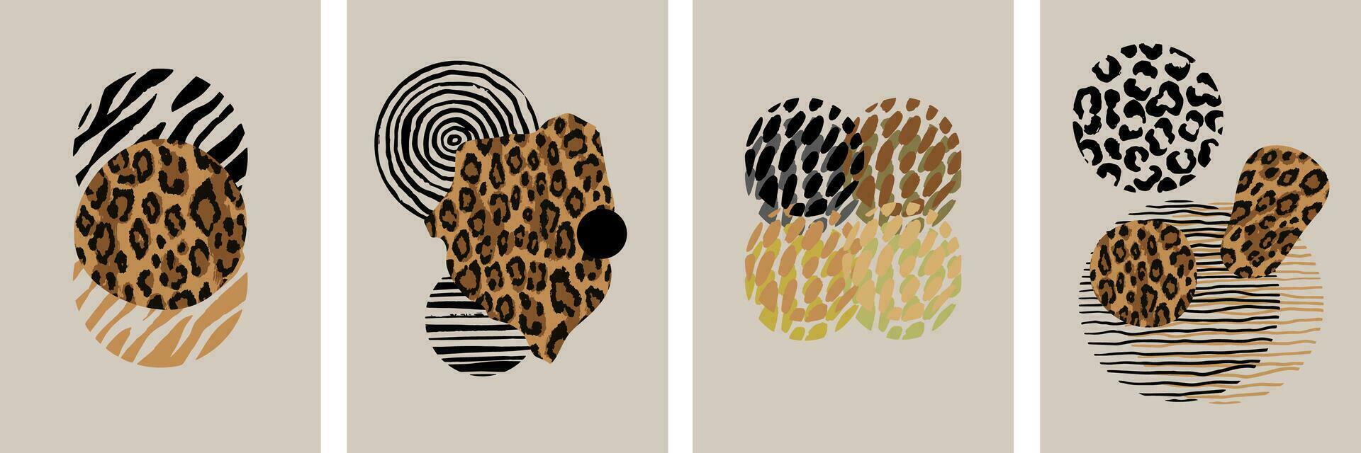 Set of abstract wall art with leopard pattern and hand drawn scribble circle. Line art elements. Minimalist illustration with animal skin for cover, poster, placard, template on beige background vector