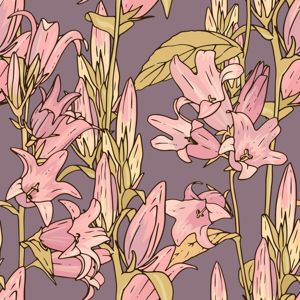 Vintage botanical pattern with lilac harebell. Floral seamless print with bluebell vector