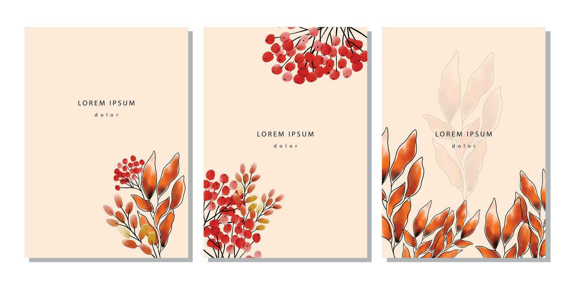 Set of autumn template. Cover, poster, placard, banner with watercolor leaves, branches, berries, viburnum, rowan on beige background vector