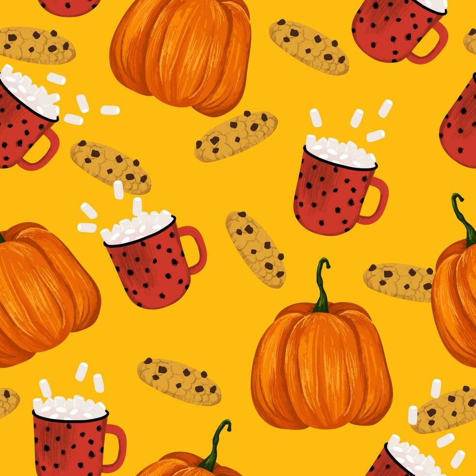 Seamless autumn pattern with pumpkin, cookies, mug of cocoa and marshmallow on orange background vector