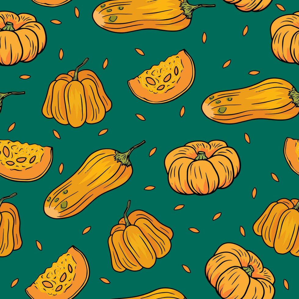 Seamless pattern with different pumpkin and seeds on green emerald background vector