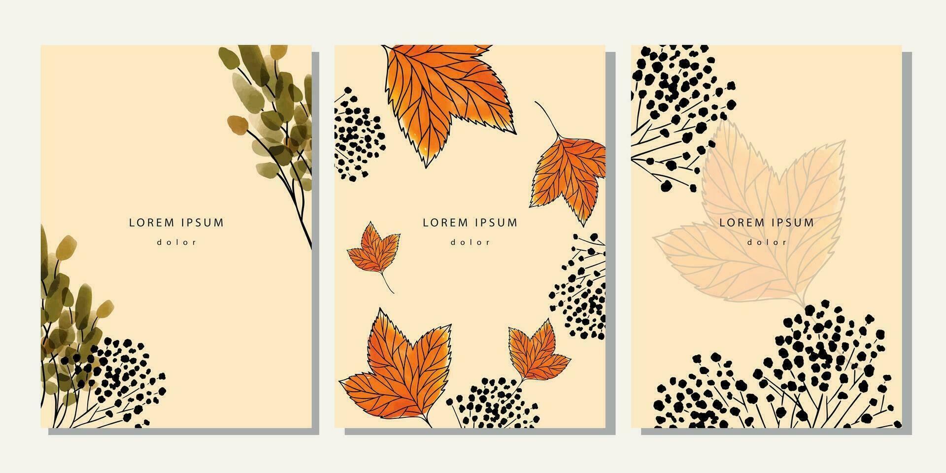 Set of autumn template. Cover, poster, placard, banner with watercolor leaves, branches, black berries, maple on beige background vector