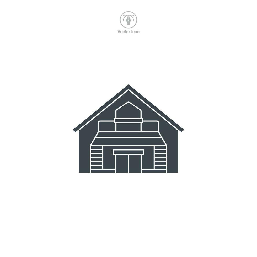 Warehouse icon vector represents a stylized storage facility, signifying logistics, supply chain, inventory, distribution, and commerce