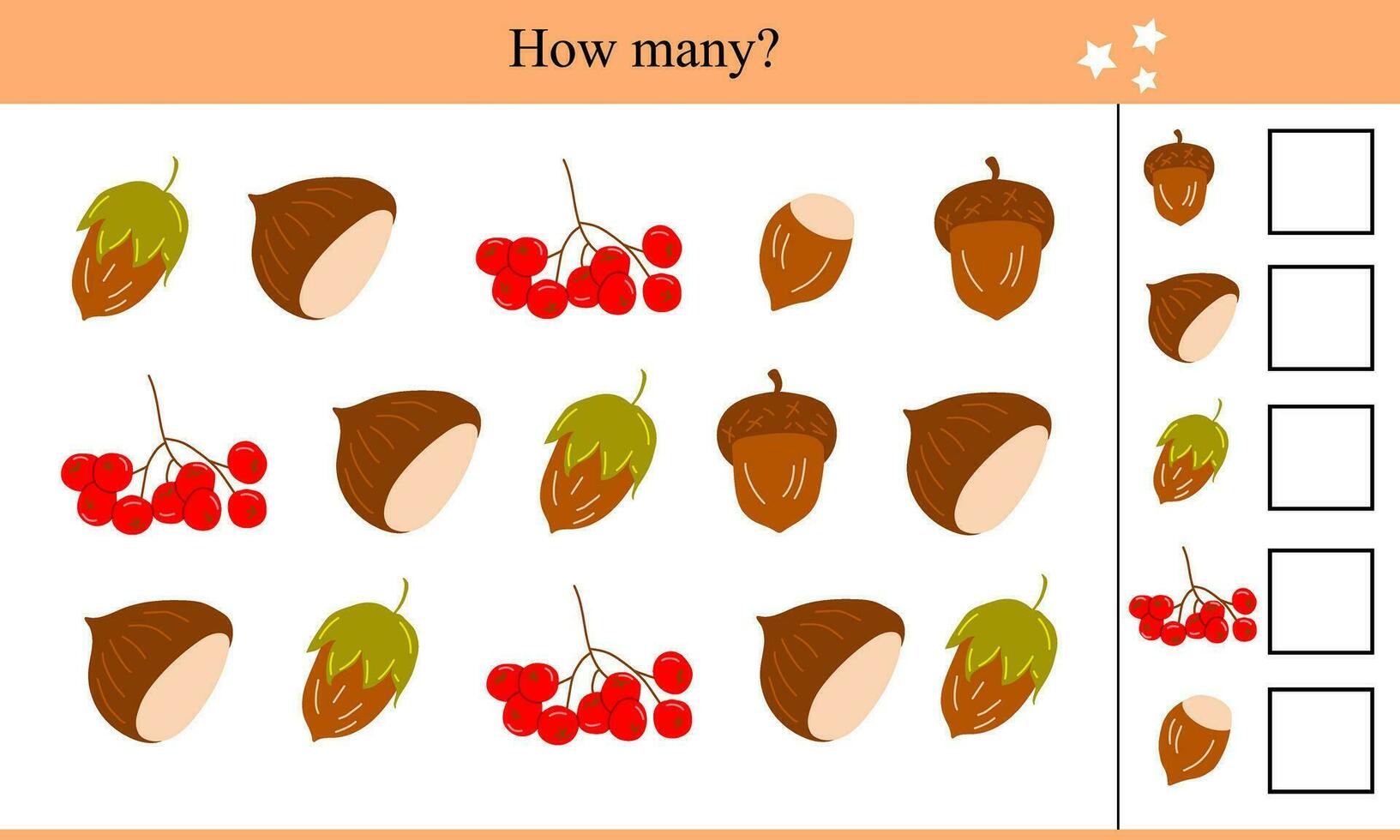 How Many Chestnuts, Acorns, Rowan Berries and Hazelnuts. Educational Game For Children vector