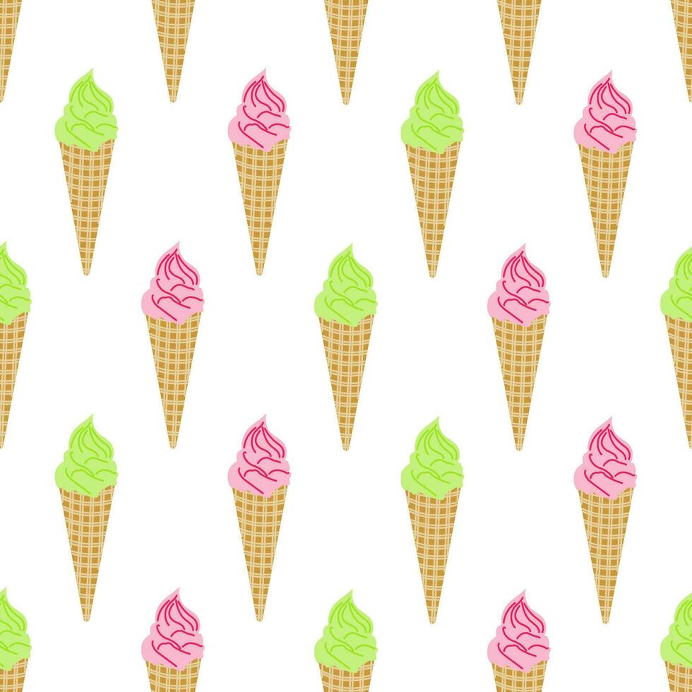 Seamless Pattern with Creamy Ice Creams in Waffle Cones vector