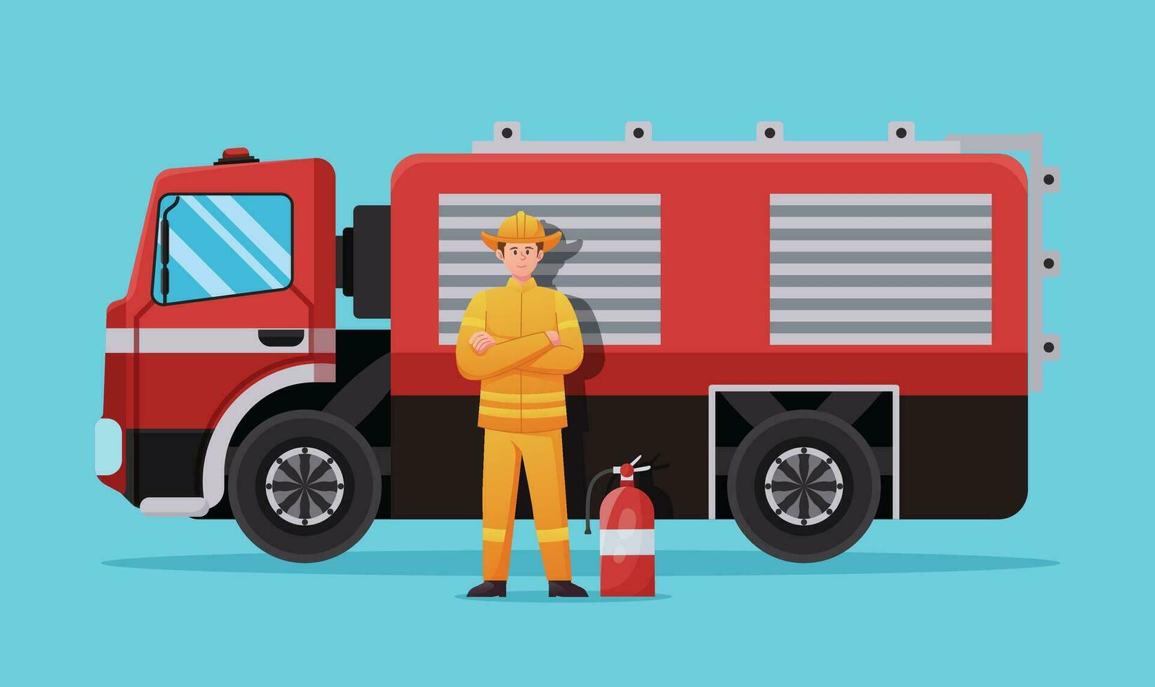 bombero personaje con fuego camión vector ilustración