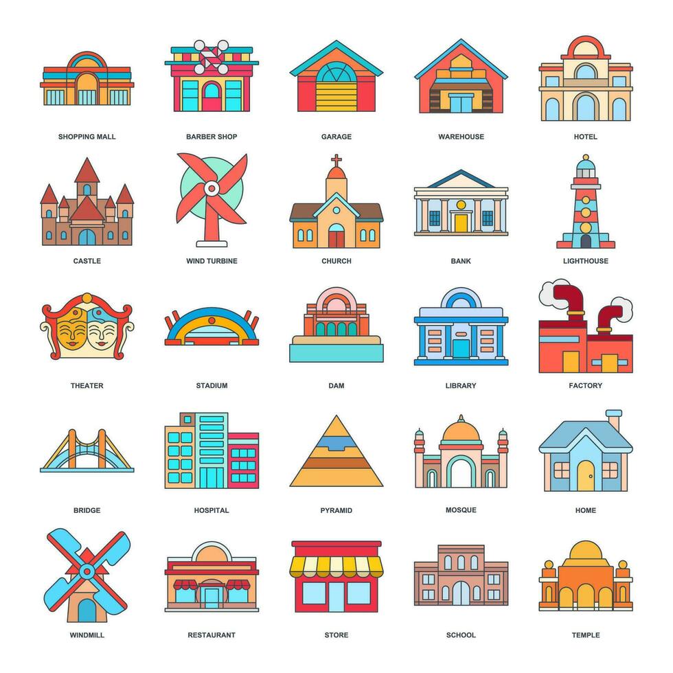 A detailed vector illustration representing diverse building types home, factory, school, mosque, hospital, and more. Each icon clearly depicts its respective structure