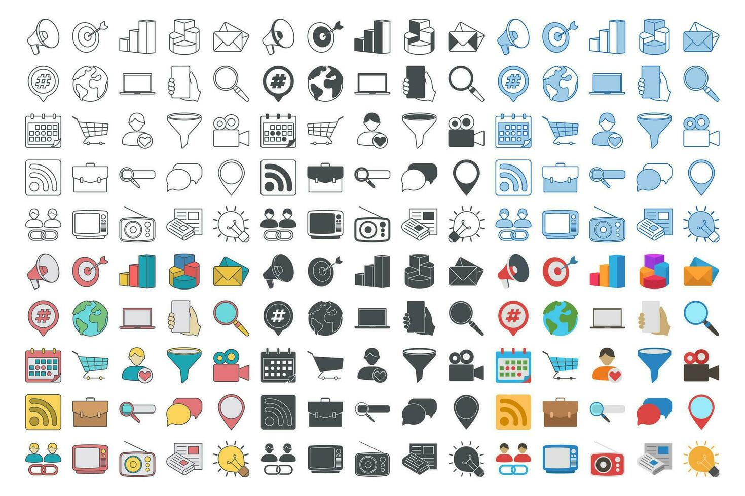 150 márketing vector iconos, encarnando SEO, digital campañas, social medios de comunicación, comercio electrónico, más. Perfecto para mejorando tu de la marca web diseño y márketing materiales