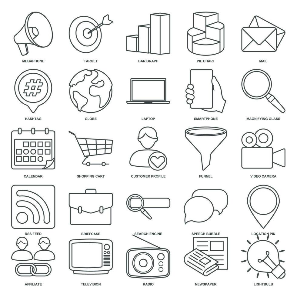 A comprehensive collection of visually appealing and versatile vector icons that represent different aspects of marketing