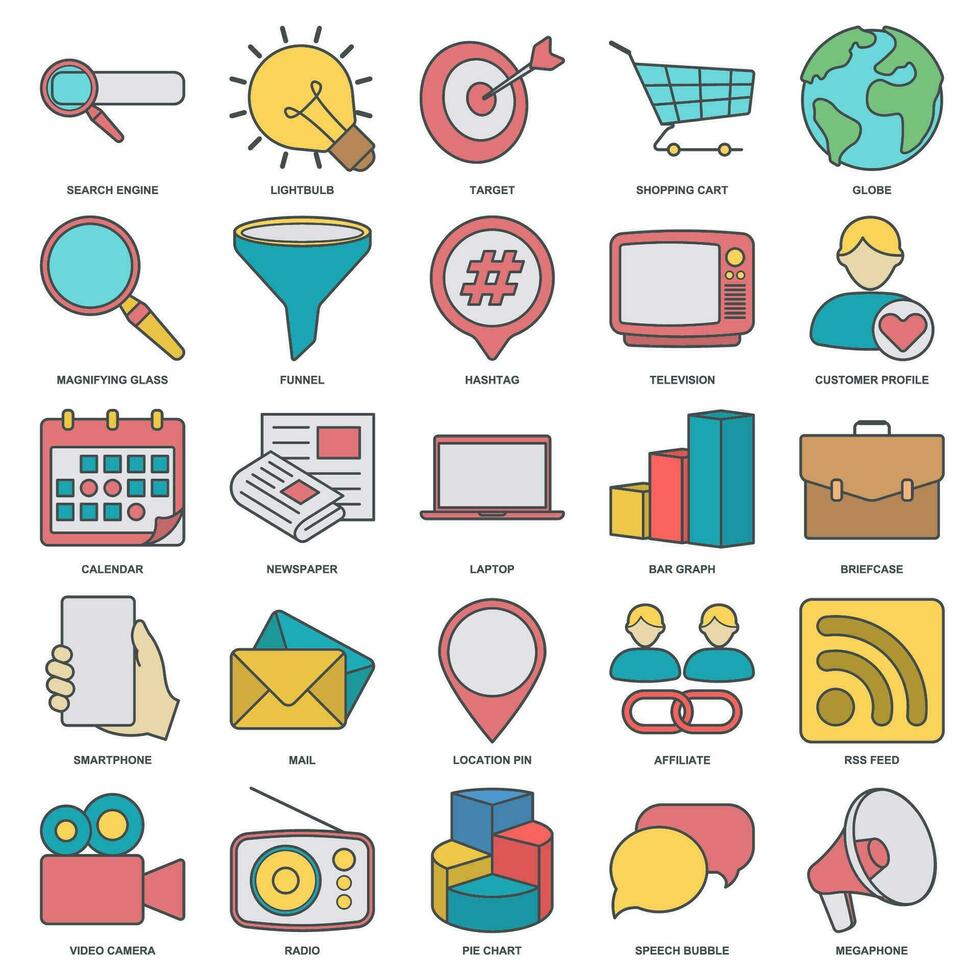 A comprehensive collection of visually appealing and versatile vector icons that represent different aspects of marketing