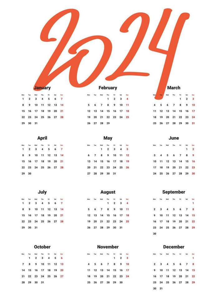 Annual calendar 2024 template on white background. Week starts on Monday. Typography logo 2024. Vector minimalist calendar design with 2024 lettering text