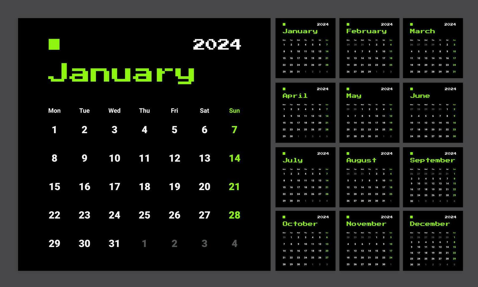 píxel estilo mensual calendario modelo para 2024 año. Inglés anual calendario. semana empieza en lunes. conjunto de 12 meses. 90s estilo diseño con letras, tipografía en negro antecedentes. y2k moderno estilo vector