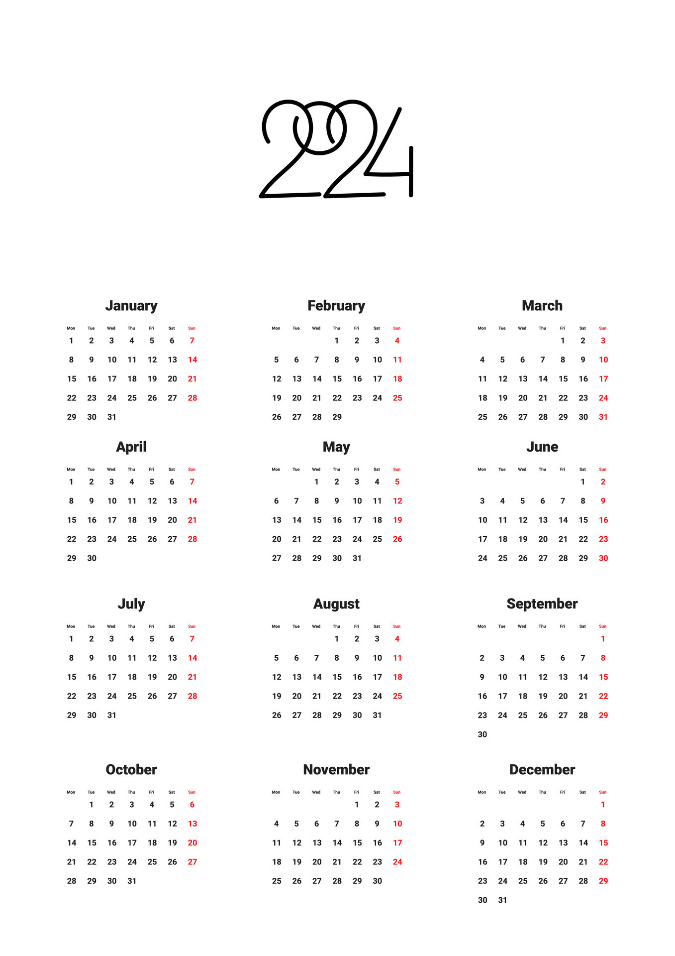 Annual calendar 2024 template on white background. Week starts on